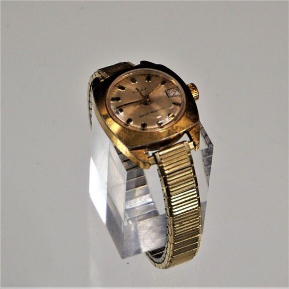 Vintage Timex Date Watch Gold Tone Stretch Band Manual Wind Women - Picture 2 of 8